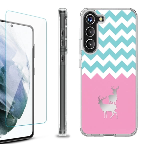 Shockproof Bumper Phone Case for Samsung Galaxy S23 5G, with Tempered Glass Screen Protector, by OneToughShield ® - Chevron/Teal/Deer