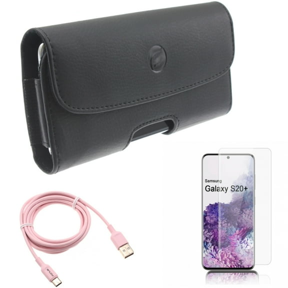 Screen Protector w Case Belt Clip w 6ft USB-C Cable for Samsung Galaxy S20 Plus - Tempered Glass [Fingerprint Unlock] 3D Curved Edge, Leather Holster Cover, Pink Charger Cord fits Galaxy S20 Plus