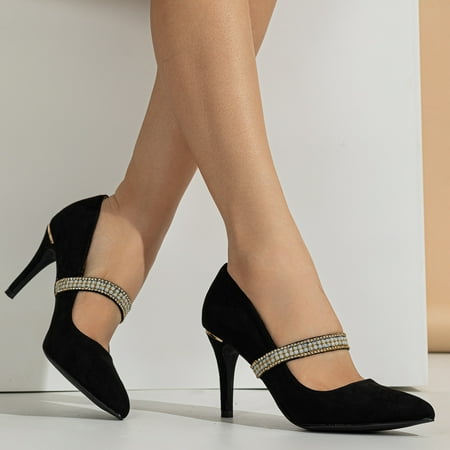 

Women‘s Rhinestone Stiletto Heels Black Pointed Toe Slip On High Heels Party & Dress Pumps