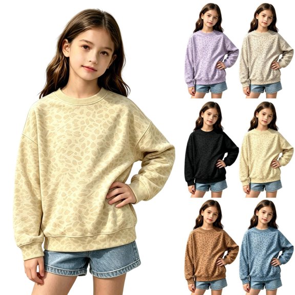 Kids Leopard Print Crew Neck Sweatshirt Boys Girls Long Sleeve No Hood Pullover Top Soft Loose Fit Casual Sweatshirt for Autumn Winter Campus Outdoor Daily Wear(Light Yellow,4-5 Years)
