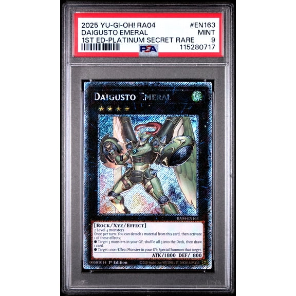 Yu Gi Oh! TCG, PSA Graded 9 MINT, Daigusto Emeral 1St Ed Platinum Secret Rare #EN163, Ra04 Quarter Century Stampede, Fully Encapsulated Bundle with Compatible Yu Gi Oh! Hard Sealed Case