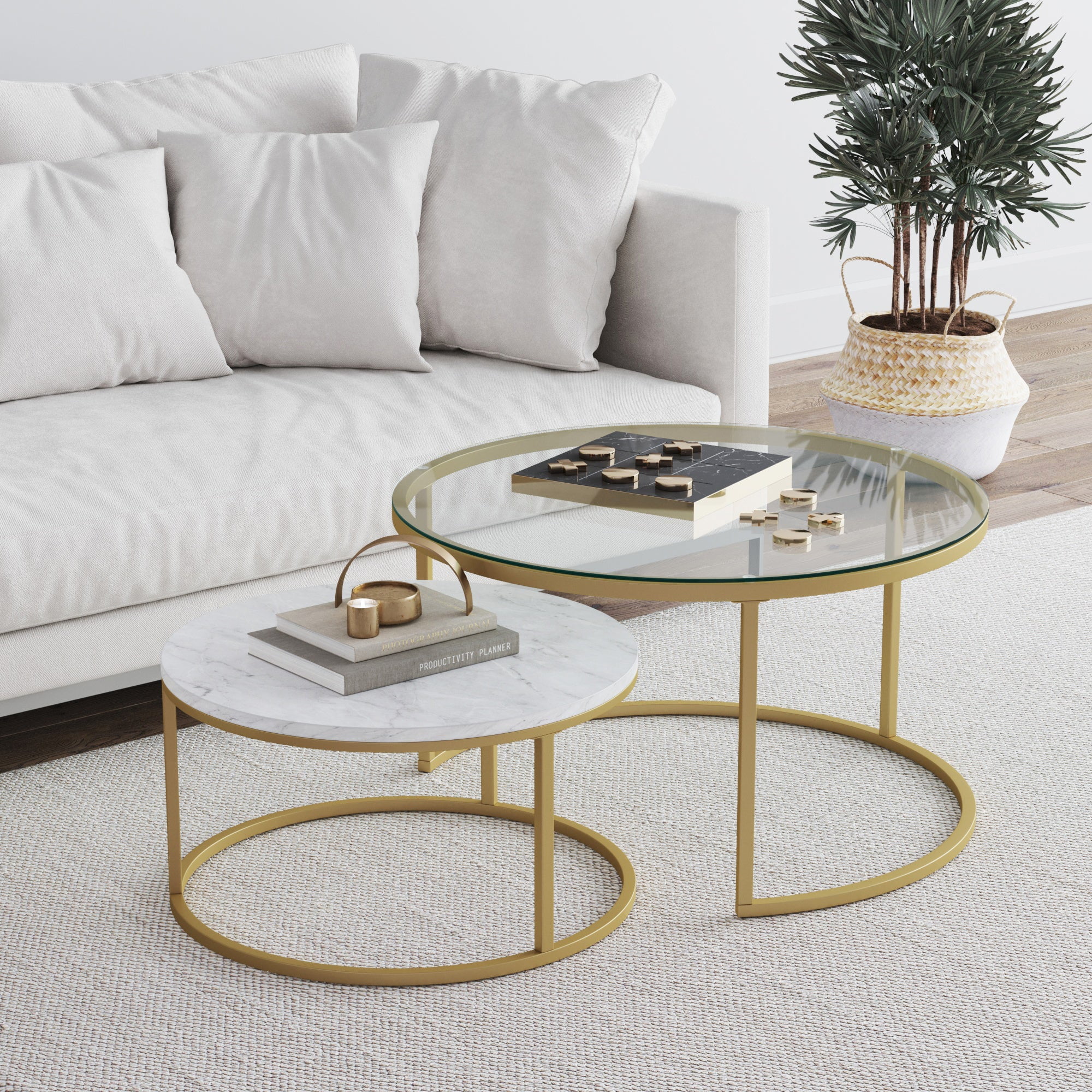 Nathan James Stella Round Nesting Coffee Table Set of 2 Glass, Marble