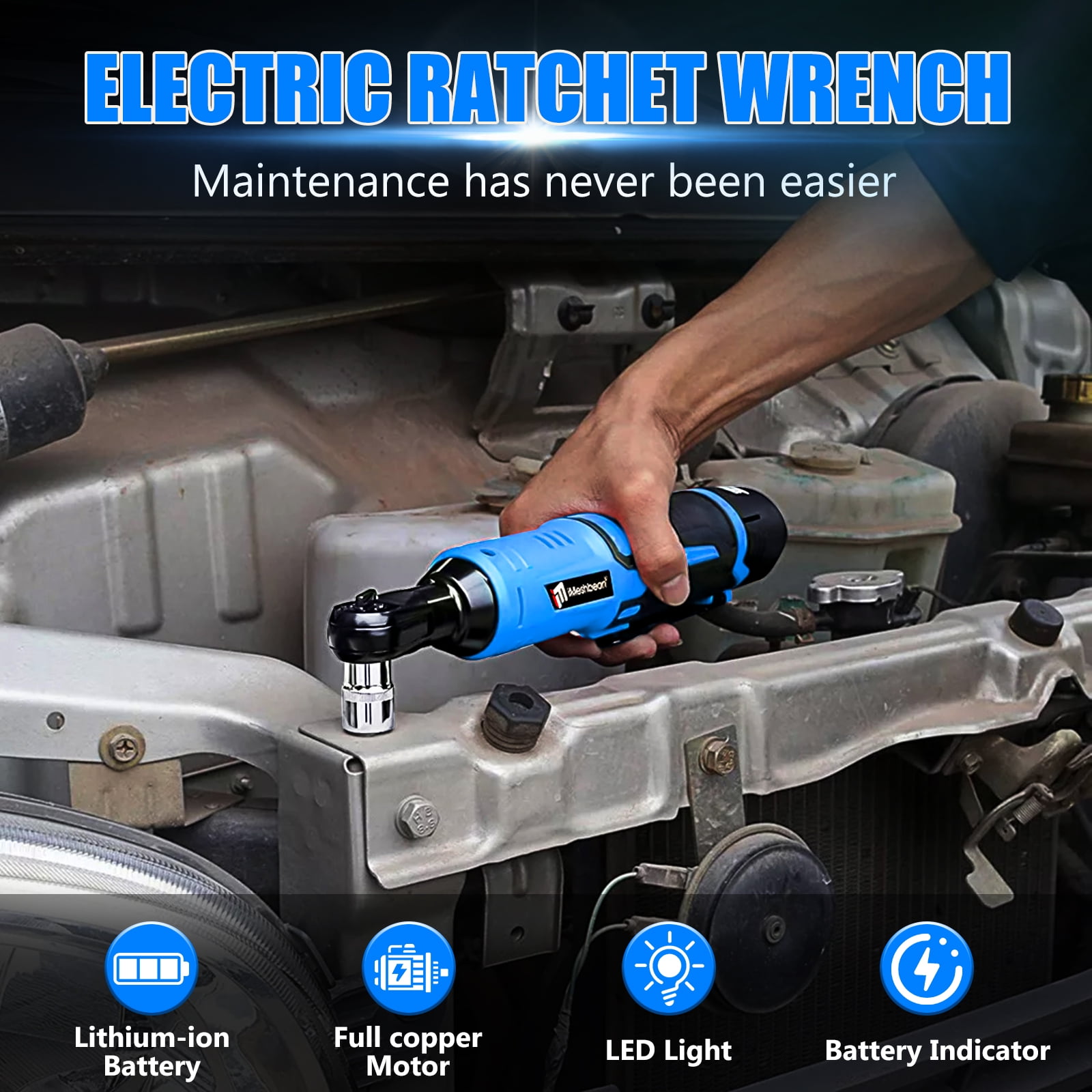 iMeshbean 3/8'' Electric Cordless Ratchet Right Angle Wrench Impact Power Tool 2 Battery