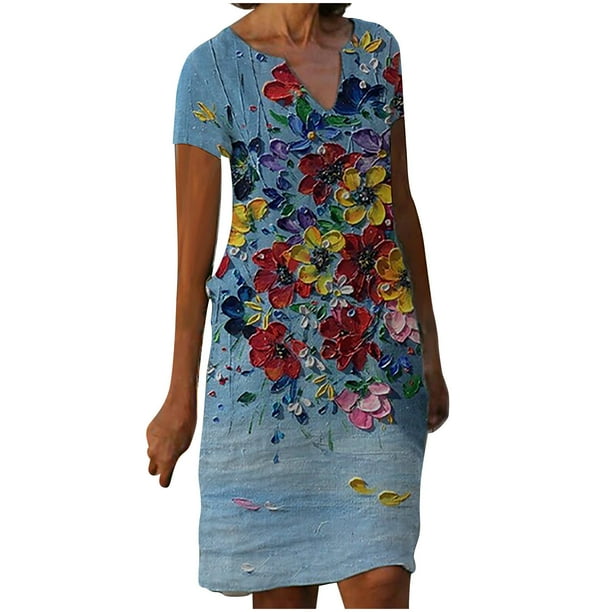 Vestidos Para Mujer Vestidos Casuales Mangas Cortas Flores de Moda Vestido de Cintura Estampado Vestido Con Cuello en V Vestido Hasta La Rodilla Odeerbi ODB154151