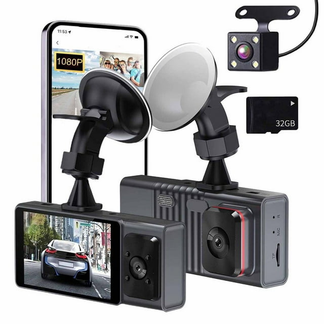 HLONK 3 Channel Dash Cam Front Inside Rear 1080P Driving Recorder with IR Night Vision WiFi APP Control Gravity Sensor Loop Recording & 32GB Card for Cars
