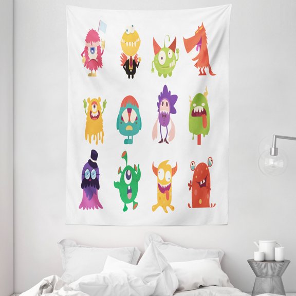Alien Tapestry, Monsters Doing Whimsical Faces Having Fun Childish Cartoon on Plain Background Print, Wall Hanging for Bedroom Living Room Dorm Decor, 60W X 80L Inches, Multicolor, by Ambesonne