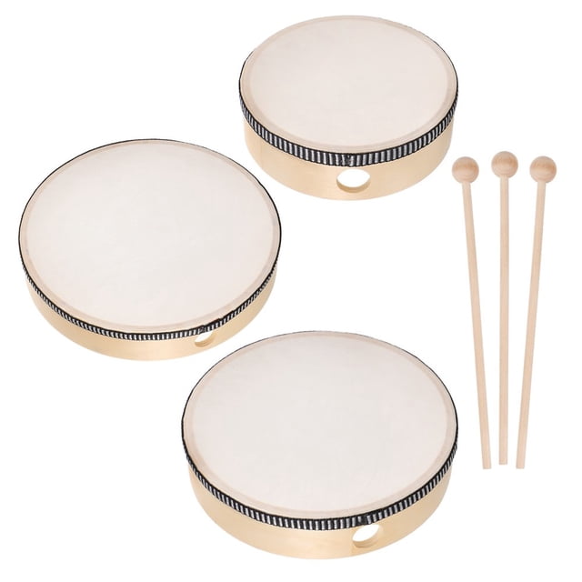 CUITING Kids 3pc Hand Drums with Sticks - Wood Frame Tambourine Percussion