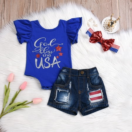 4th of July Clothes Newborn Kids Baby Girl USA Flag Romper+Ripped Short Jeans+Headband Outfits Set Clothes 0-6 Months
