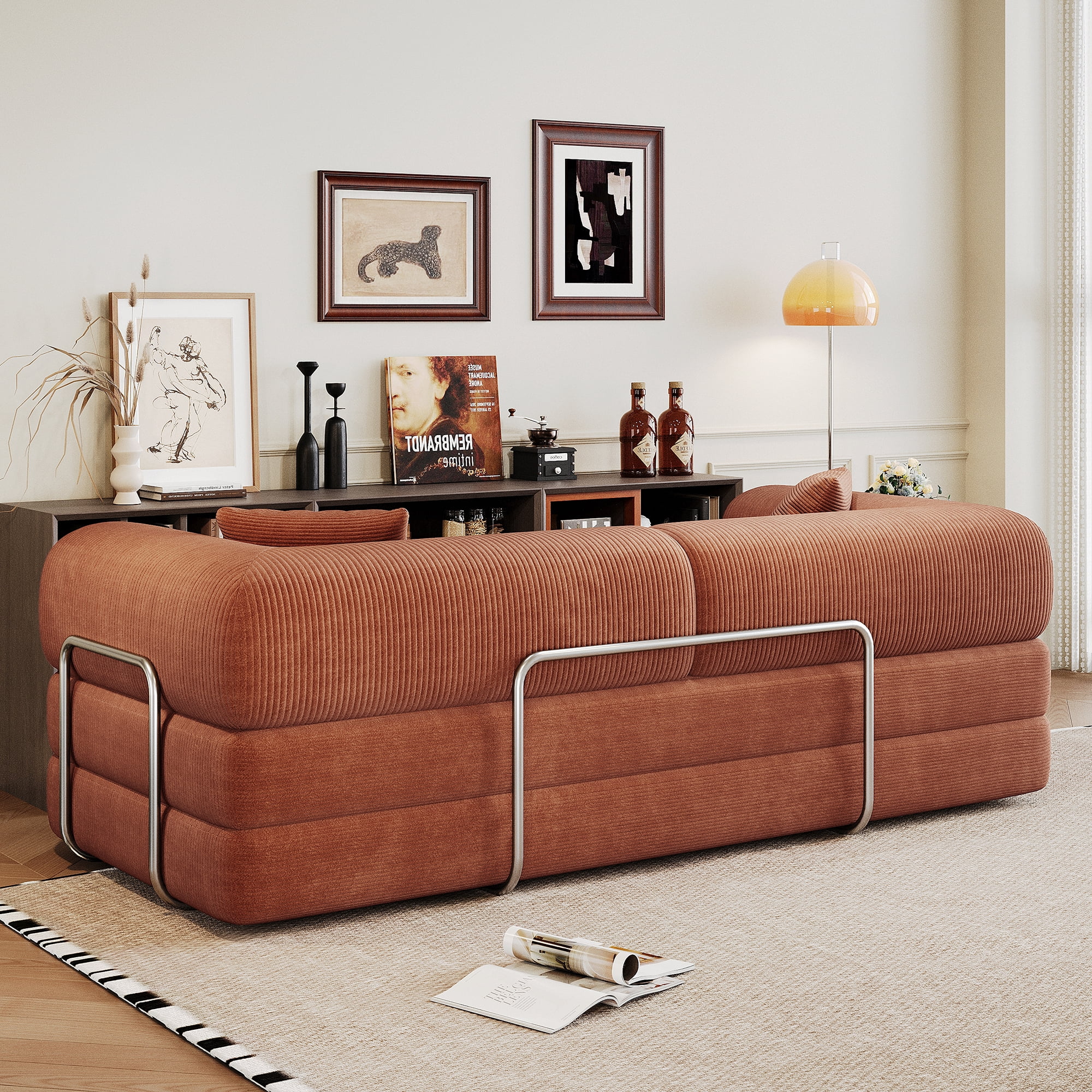 Leumius 78.8" Convertible Sofa Bed with Fixed-Shape Frame & Support Armrest,Modular Corduroy Sleeper Sofa,Boneless Couch Folding Mattress Couch for Small Spaces - No Assembly Needed,Brown