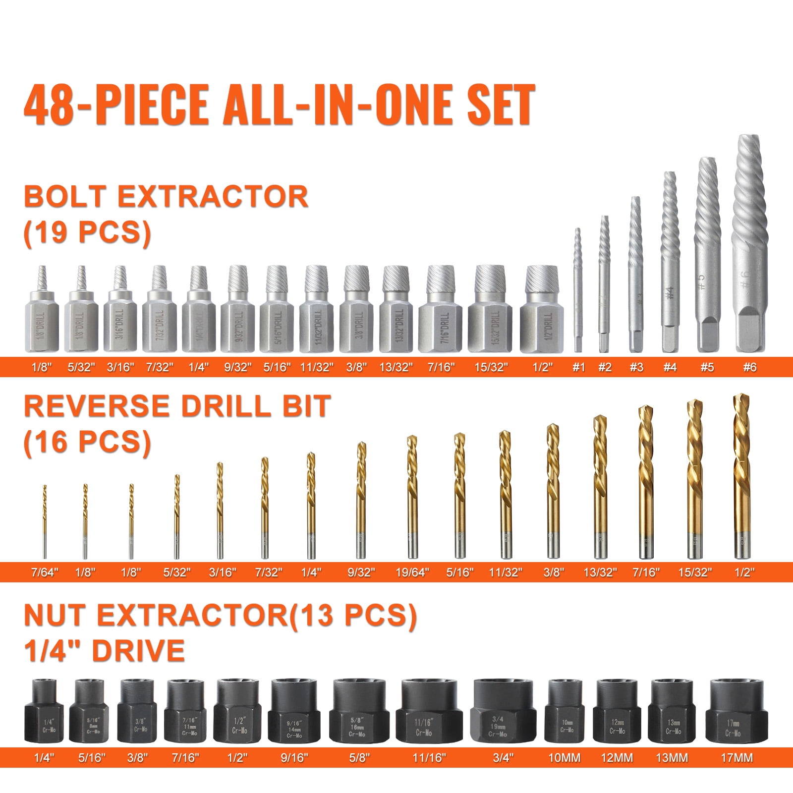 BENTISM Bolt Extractor Set, 48 PCS Impact Bolt & Nut Remover Set,13 PCS Bolt Extractor Set, 19 PCS Screw Extractors, 16 PCS Reverse HSS Drill Bits for Removing Damaged, Rusted, Rounded-Off Bolts