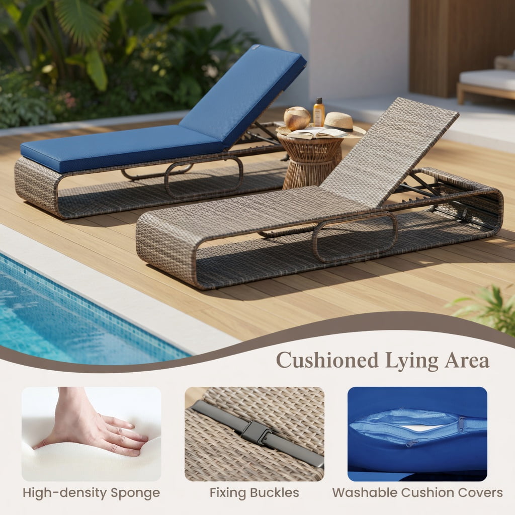 Hommoo 7-Position Adjustable PE Rattan Outdoor Chaise Lounge Chair with Removable Cushions, Heavy-Duty Metal Frame, Poolside & Patio Ready, Navy