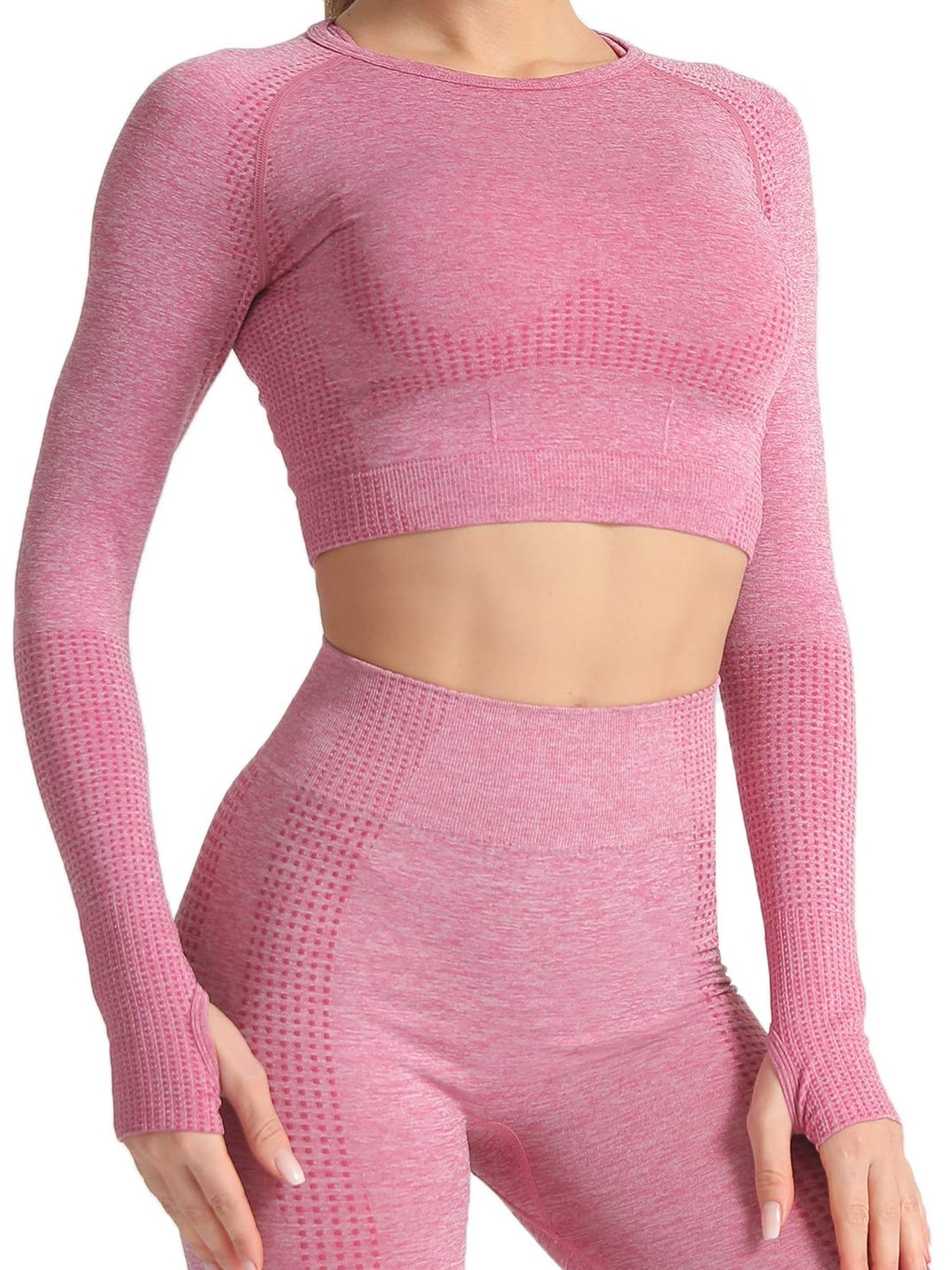 Seamless Yoga Gym Crop Top Compression Workout Athletic Long Sleeve Shirt  with Thumbhole - Walmart.com