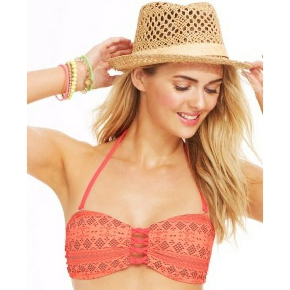 Hula Honey CANTELOPE CORAL Lace-up Front Printed Bandeau Bikini Top, US Small