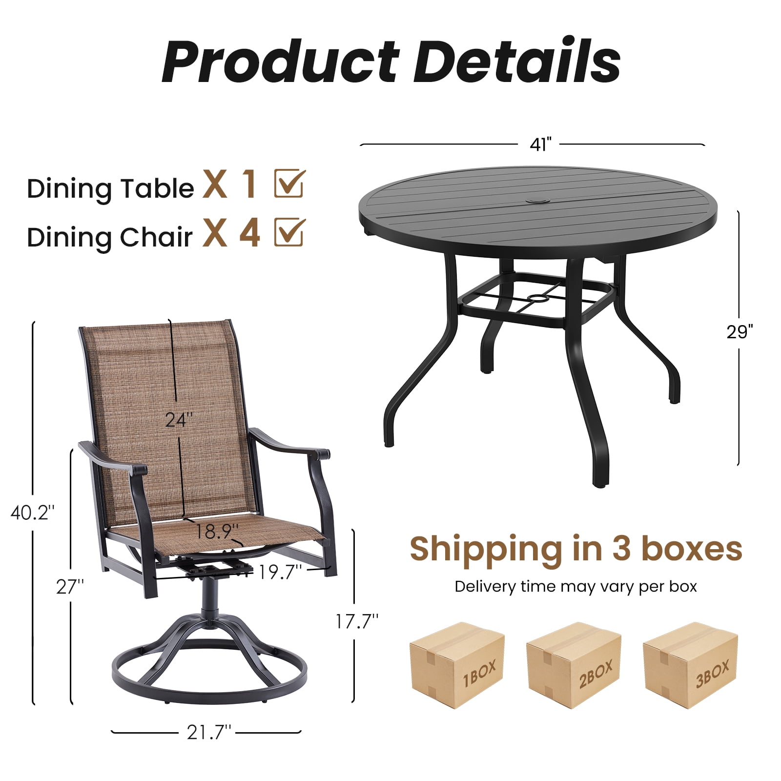 STARY 5 Pieces Outdoor Dining Set with 1.57" Umbrella Hole, Patio Swivel Dining Textilene Chairs and 41.3" Iron Round Table for 4 People, Backyard