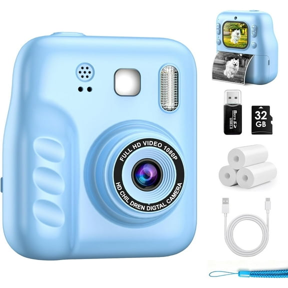 Instant Print Camera for Kids, 2.0" IPS Screen with Video Recording, 32GB Expandable, 1800mAh Battery, Includes 40  Zink Paper, Birthday Gift for Girls Boys Age 3-12 Travel & Gifts