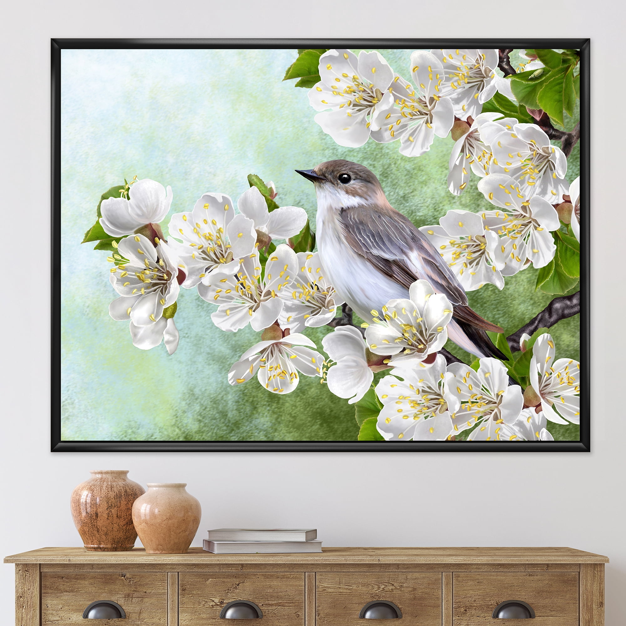 Gray Bird Sitting On A Branch of A Blossoming Tree 32 in x 16 in Framed Painting Canvas Art Print, by Designart
