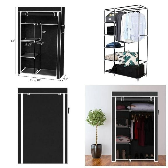 64" Portable Closet Organizer with Shelves - Heavy-Duty Wardrobe with Hanging Rod, Zippered Cover for Dorms