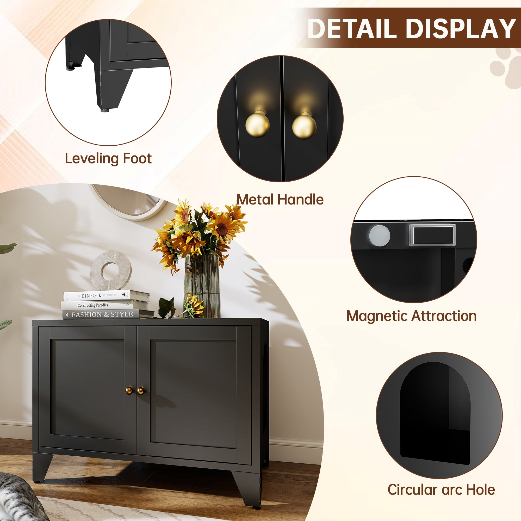 Modern Black Metal Cat Litter Box Enclosure, Hidden Litter Box Furniture Freestanding Pet Washroom Cabinet, Decorative Indoor Pet Side Table Fits Most Standard Litter Boxes