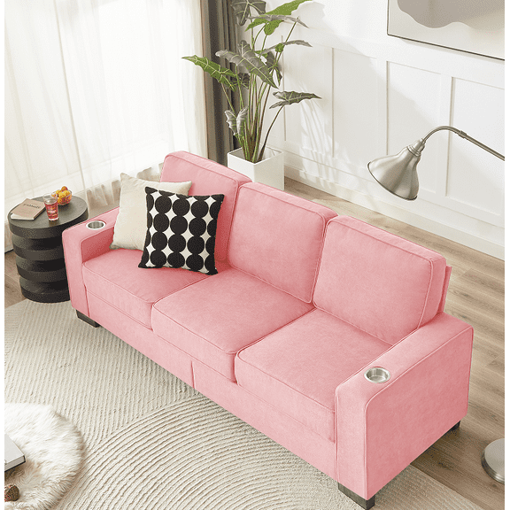 83.86"Snowfleece Fabric sofa,Modern Compressed Couch,3-Seater Sofa, Furniture for Living Room,Bedroom,office ,Pink