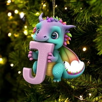HomeDM 3.15" Cartoon Dinosaur Ornaments, 2D Flat Acrylic Hanging Pendant Xmas Tree Wreaths Home Decor, 26 Letter Christmas Ornaments Key Chain, Gift Wrapping, Letter J