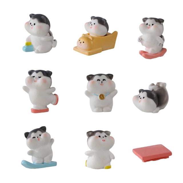 Figura de gato de resina de 9 piezas, accesorios de jardín de hadas, adorno de decoración de jardín, gato de esquí deportivo para inauguraciones de