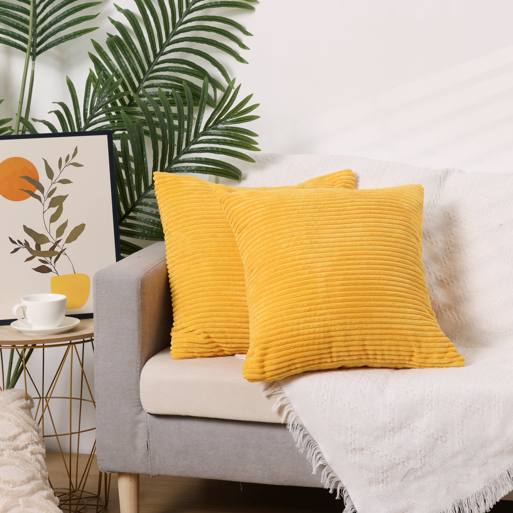 Unique Bargains Sofa Living Room Corduroy Decorative Throw Pillow Covers (2 Count) Yellow 18" x 18"