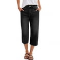 thumbnail image 3 of Women's High Waisted Jeans Pants Summer Casual Elastic Waist Stretchy Capri Pants with Pockets by Yigetop Black L, 3 of 7