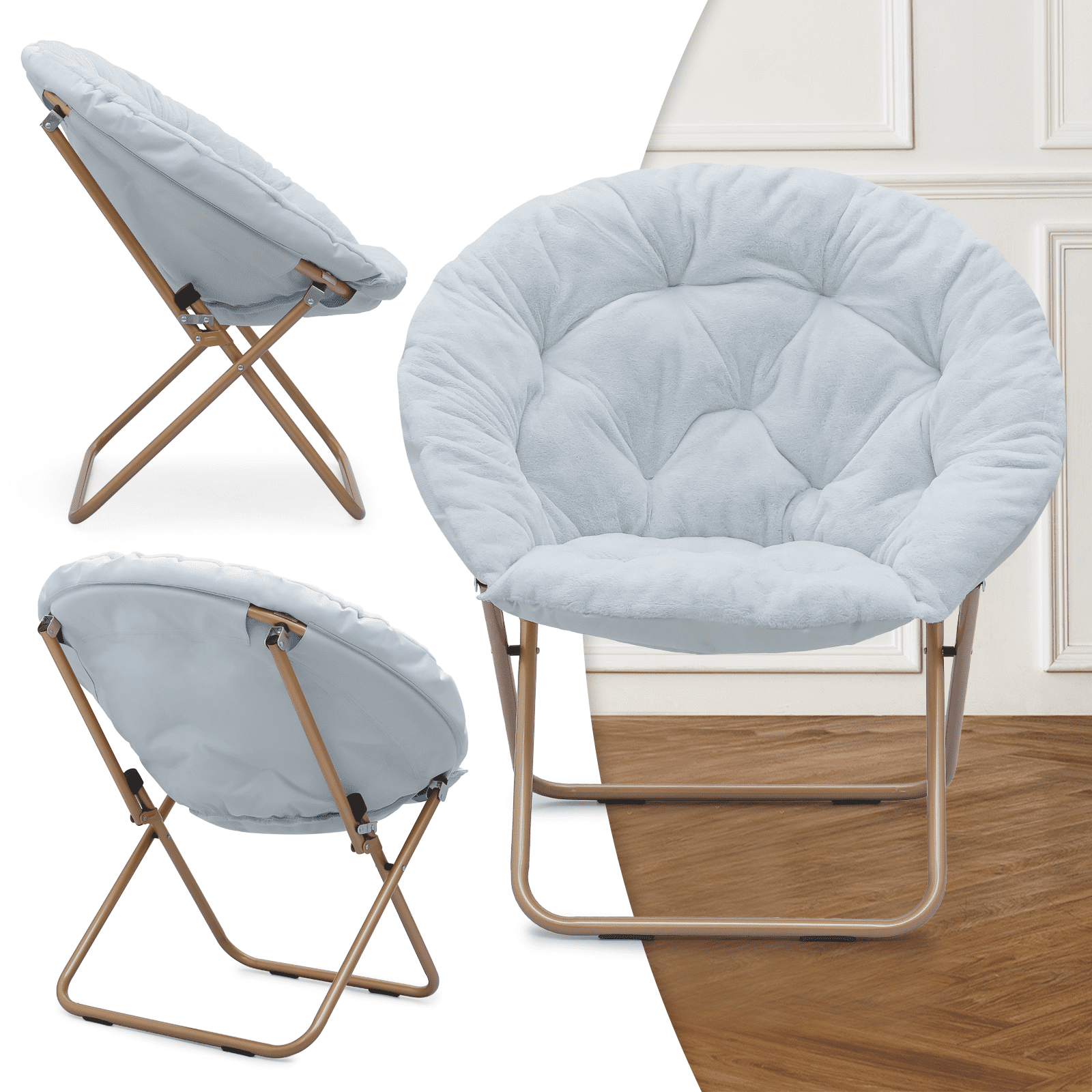 MoNiBloom Set of 2 Folding Saucer Chair for Adult, Oversized Round Cozy  Moon Chair for Kids Boys Girls, Metal Frame Lounge Chair for Bedroom, White