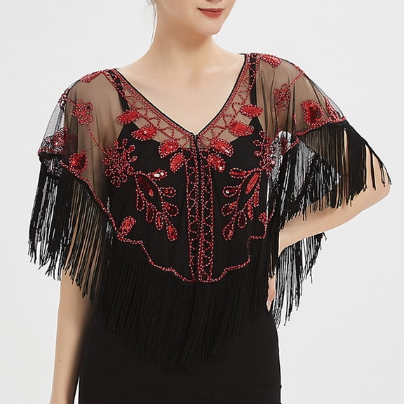 CXHEGBEJ Floral Beaded Mesh Fringe V-Neck Wrap Shawl for Women Vintage Sequined Tulle Short Evening Cover Up Topper Tassel 20s Flapper Scarf Smock Cape Top Red