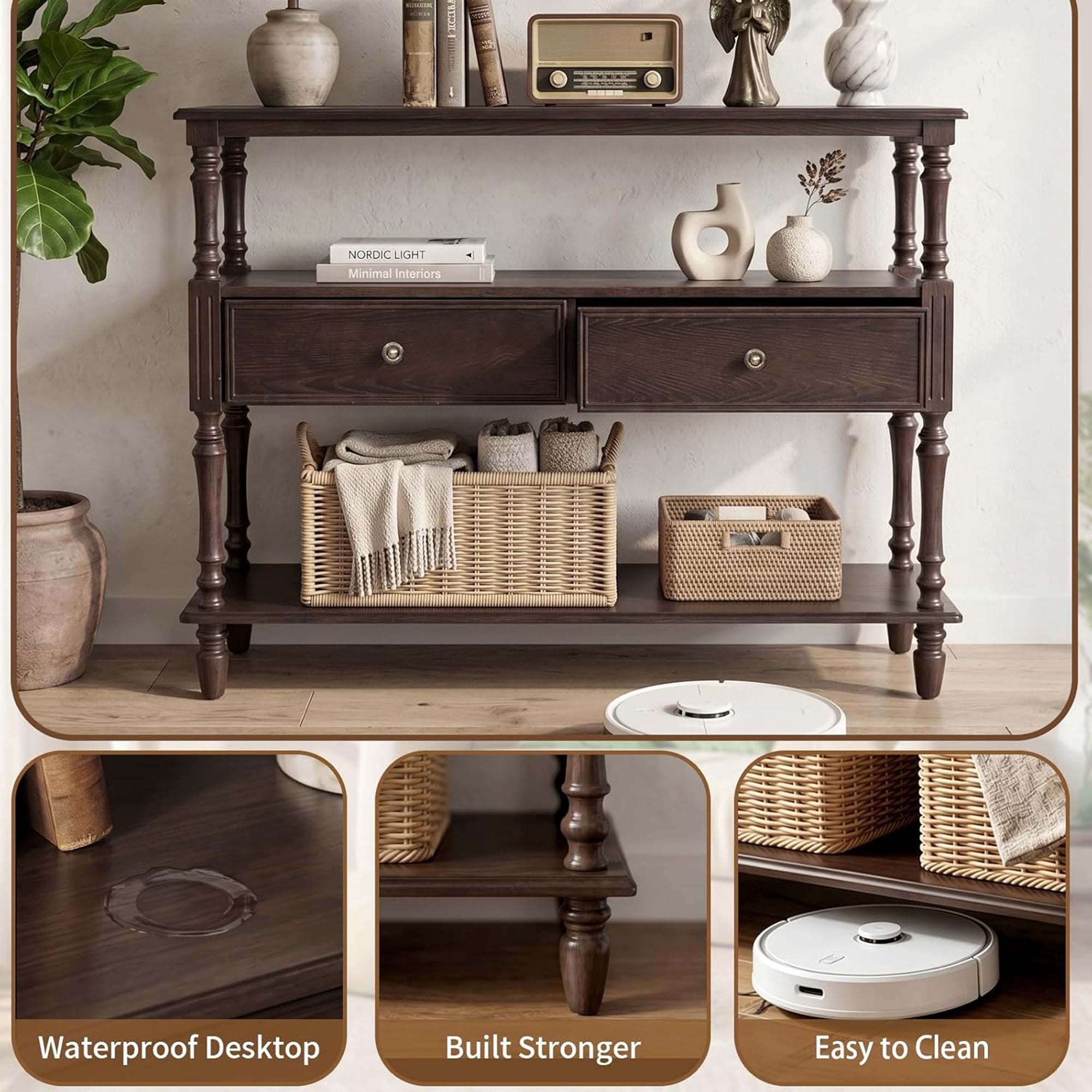 BFJDM Mid-Century Console Table with 2 Drawers and 3-Tier Open Shelves Solid Wood Veneer Rubber Wood Legs for Entryway Living Room Walnut