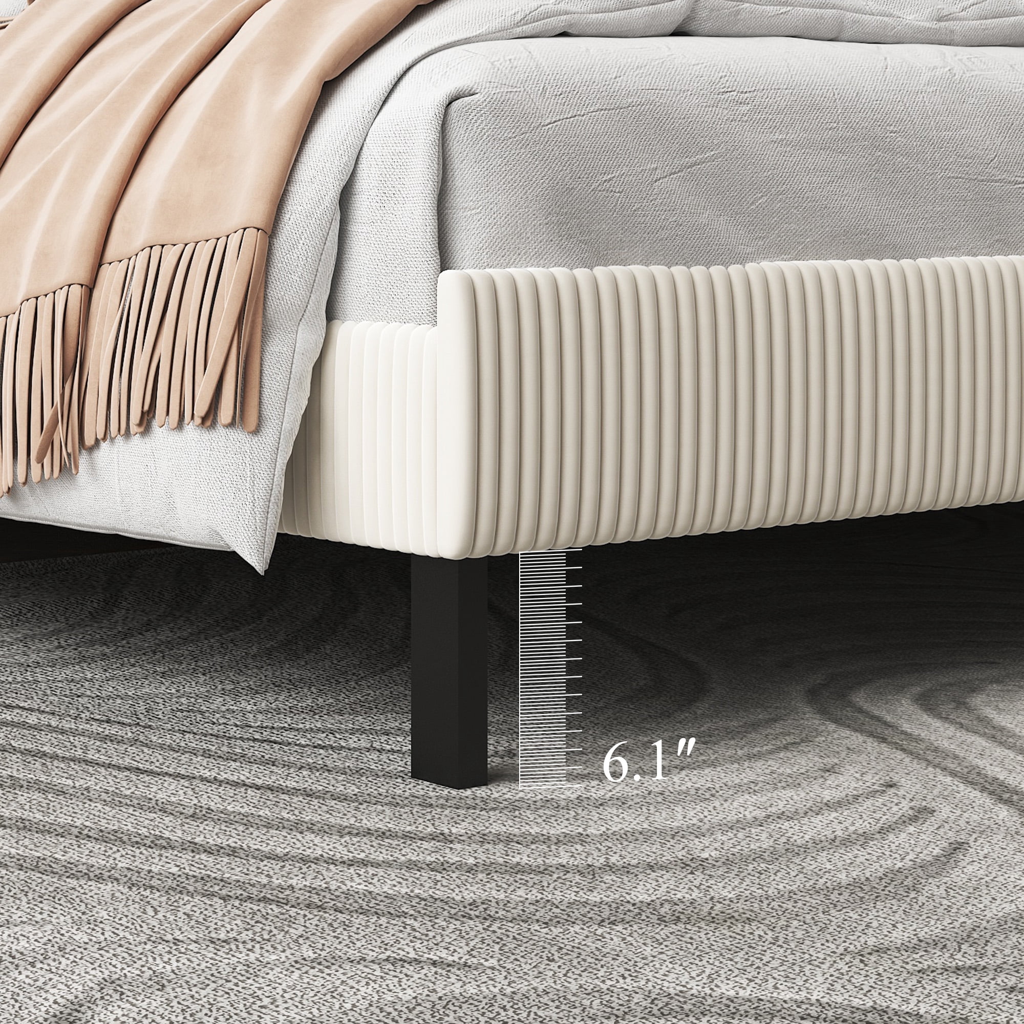 Miniyam King Bed Frame with Upholstered Headboard, Metal Platform Bed, Beige