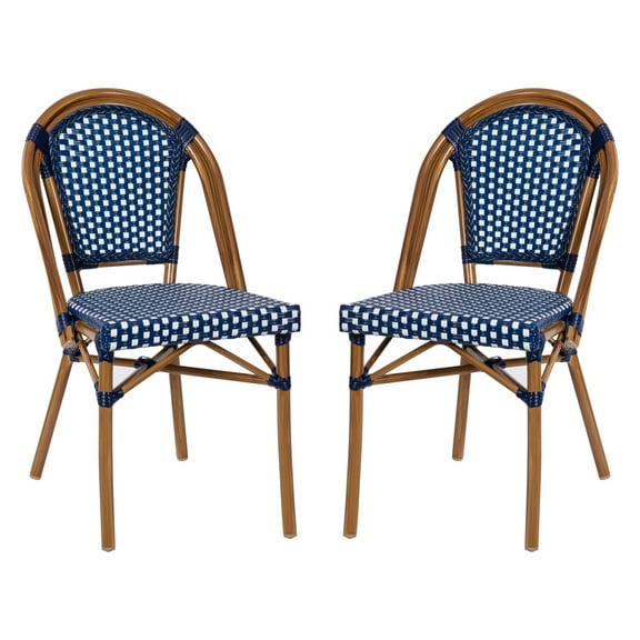 Flash Furniture Bordeaux Set of 2 Indoor/Outdoor Commercial Bistro Stacking Chairs, Navy/White PE Rattan Back and Seat, Bamboo Print Aluminum Frame in Natural