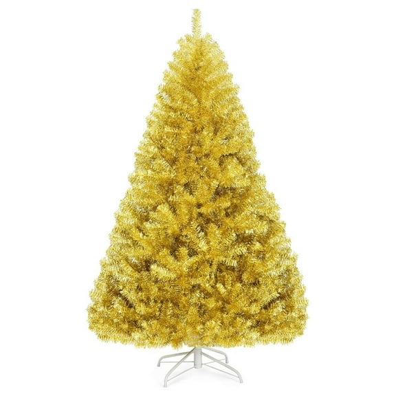 6ft/7.5ft Golden Tinsel Artificial Christmas Tree, Unlit Hinged Spruce Full Tree with 1036/1258 Branch Tips and Metal Stand, Easy Assembly, 6FT Holiday Xmas Tree Indoor Outdoor