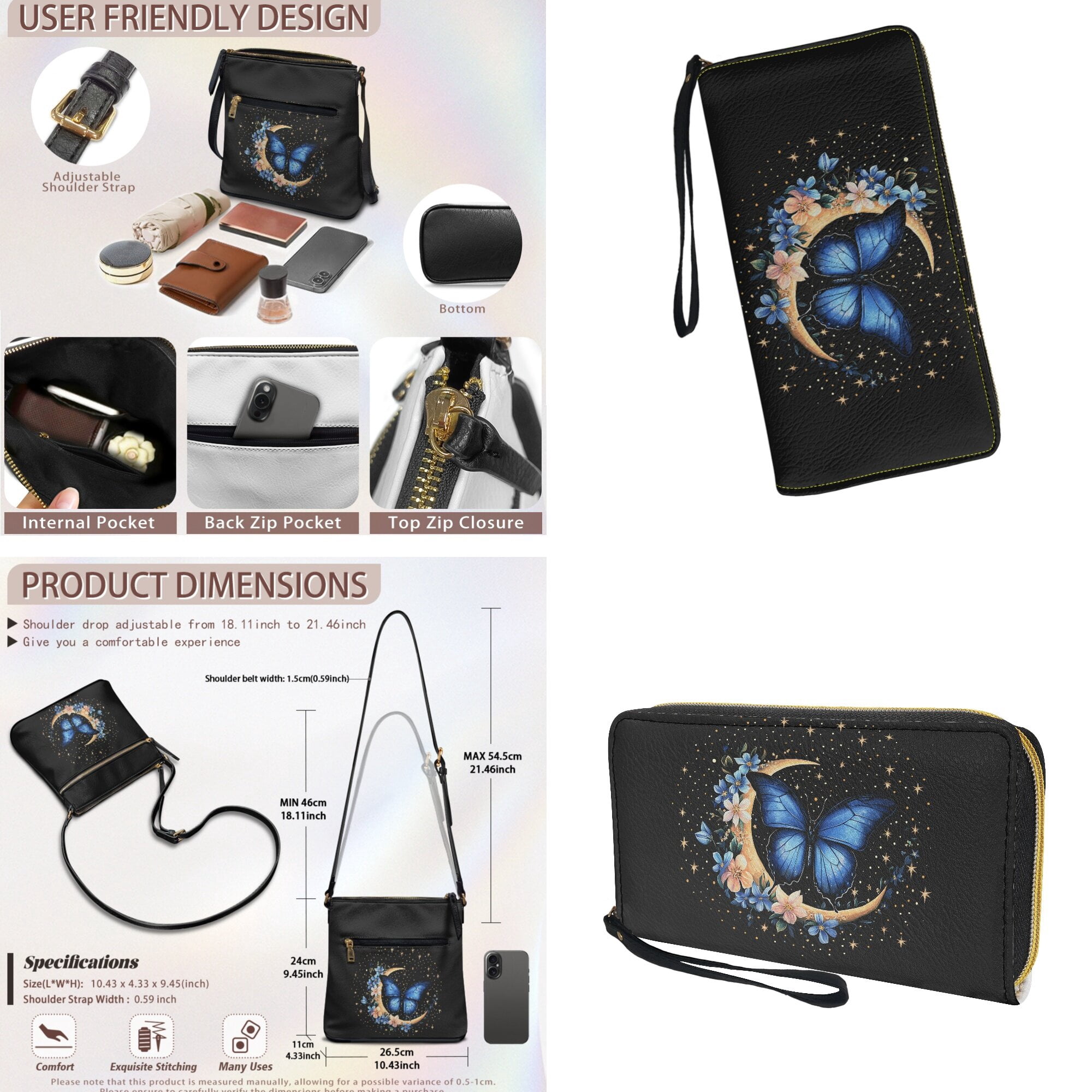 LedBack Butterfly Print Zipper Hobo Bag Wallet Set 2 Pcs Handbag and Wallet Set for Women, Leather Crossbody Satchel Purse Shoulder Handbag Messenger Purse, Black