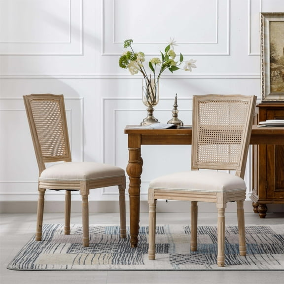 Dining Chairs French Style Solid Wood Frame Linen Fabric Square Rattan Back Dining Chair,Set of 2,Cream,Wooden Dining Chairs