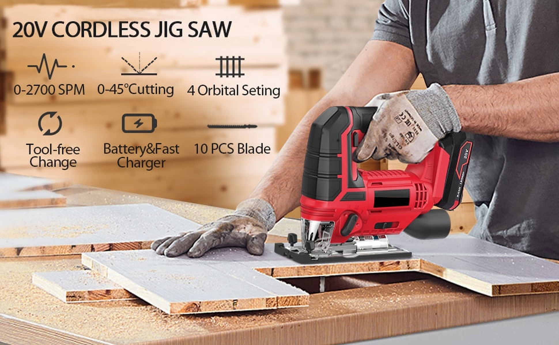 Jig Saw 20V Cordless Jigsaw for Woodworking with 4 Orbital Settings 2700  SPM 10-Piece T-shank Blade Set 2.0 Ah Battery - AliExpress