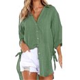 thumbnail image 5 of Summer TAGOLD Women's Casual Roll-Up Sleeve Long Sleeve Tops Cotton Linen Blouse Button Long Shirt Dress Plus Size High Low Shirt Green XL, 5 of 6