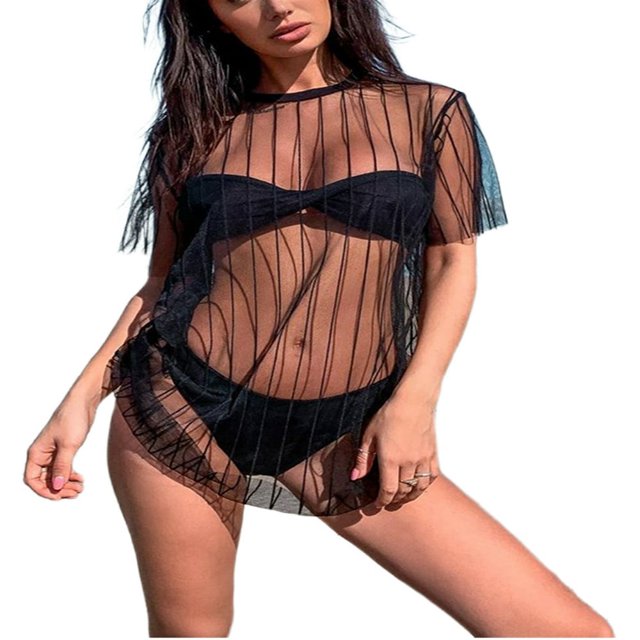 Robe de Plage en Maille Transparente à Rayures Manches Courtes Blanche G