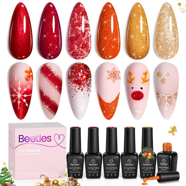 Set de esmaltes en gel Beetles, 6 x 7,5 ml, purpurina roja, naranja y dorada