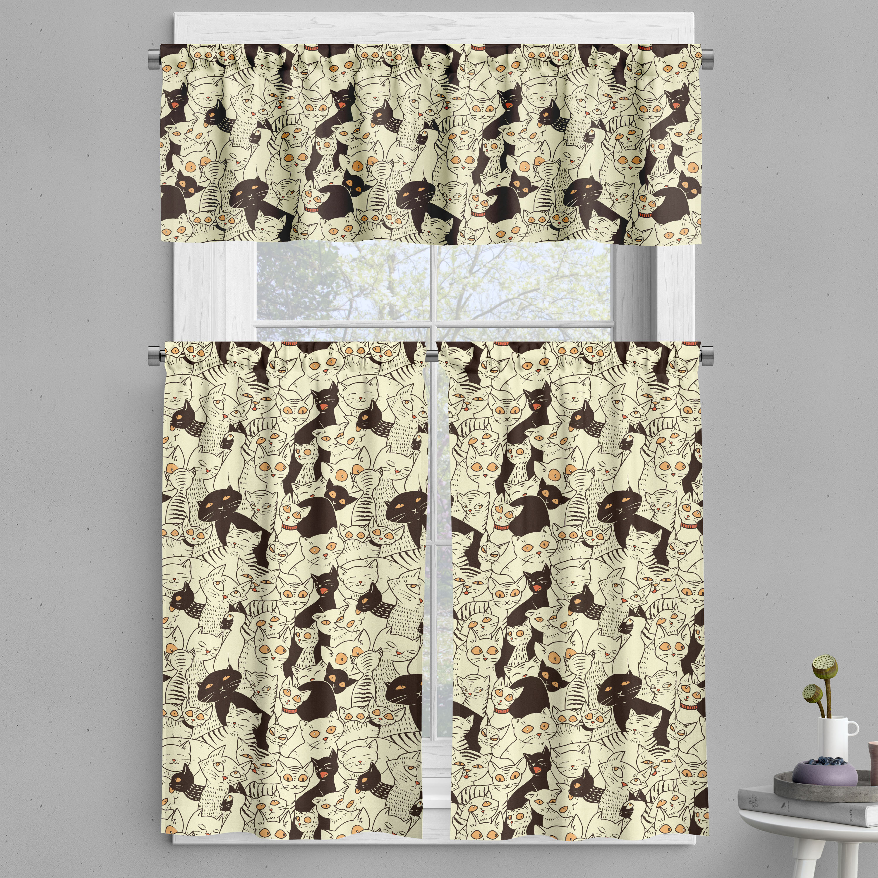 Cat Valance & Tier Curtain 3 pcs Set, Sketch Kittens Animals Sleeping