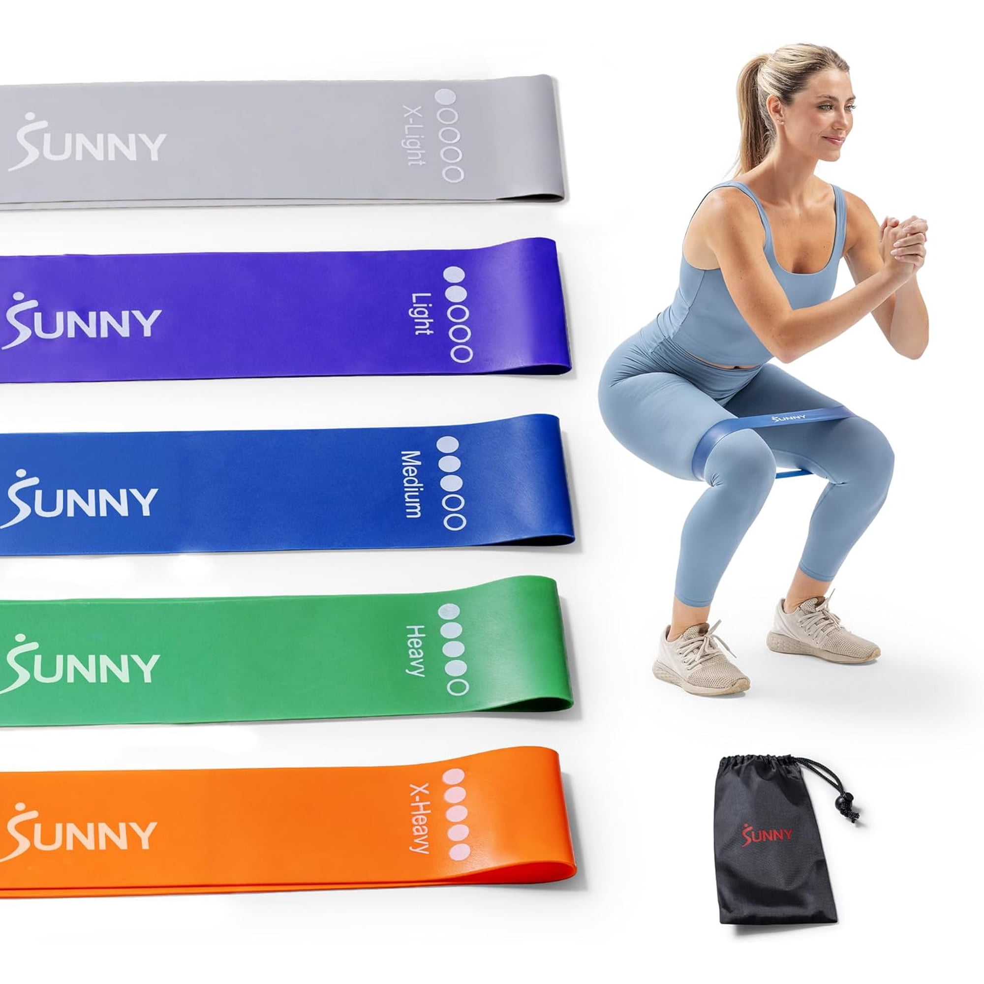 Sunny Health & Fitness Resistance Loop Bands - 5 Levels of Color-Coded Exercise Bands for Legs, Glutes & Strength Training - Portable Snap-Resistant Loop Set for Yoga, Pilates & Mobility