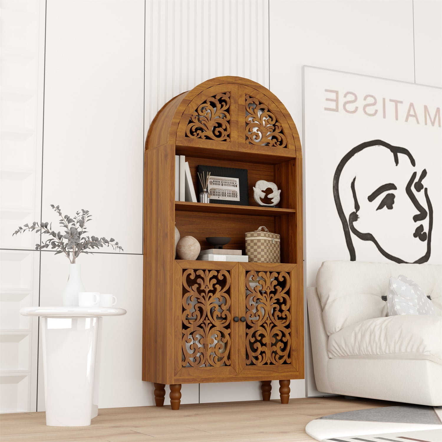Hommoo 66" Tall Vintage Arched Carved Wooden Cabinet, Open Shelf Bookcase, Freestanding Hollow Carved Decorative Storage Shelf for Home & Office
