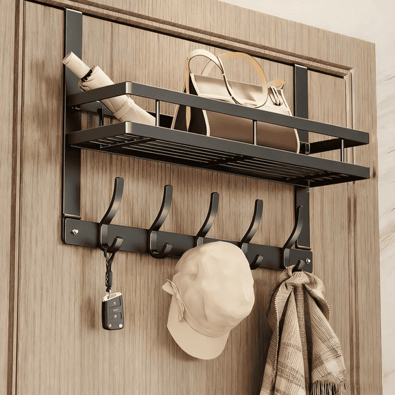 Storvive Over The Door Hooks Organizer, Back of Door Storage with 5 Hooks & 1 Basket for Bedroom, Bathroom