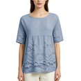 thumbnail image 2 of Cotton Eyelet Boho Tops For Women，Crew Neck Short Sleeve Shirts Women's Cotton Linen Blouse Loose Fit Casual Boho Top Babydoll Blouses Eyelet Embroidered Shirts Vacation Clothes,Blue,L, 2 of 9