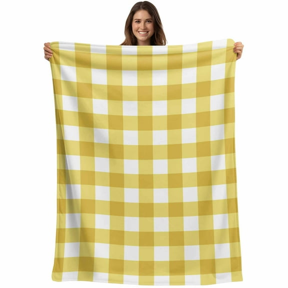 Farmhouse Vintage Throw Blankets, Gingham Checkered Texture Soft Fleece Blanket Decorative for Home Sofa Couch Chair Living Bedroom, 50x60 inches, Yellow White