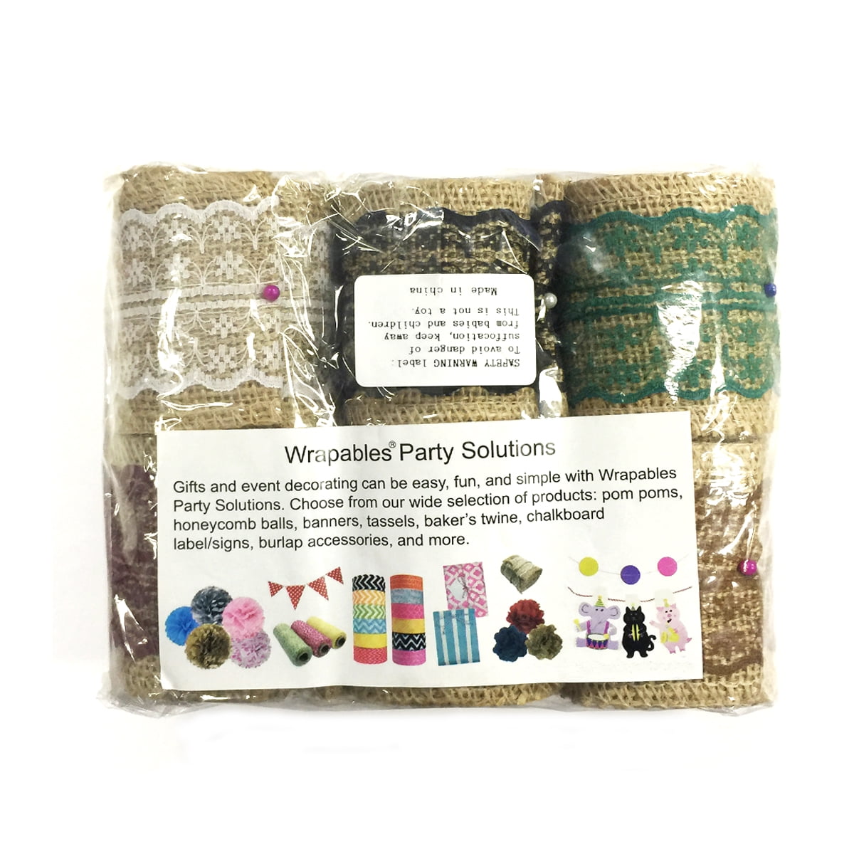 Wrapables® Hessian Burlap with Lace Ribbon 2.5 Inch Width x 2 Yards Length (Set of 6), Black/Burgundy/Green/Brown/White/Gray