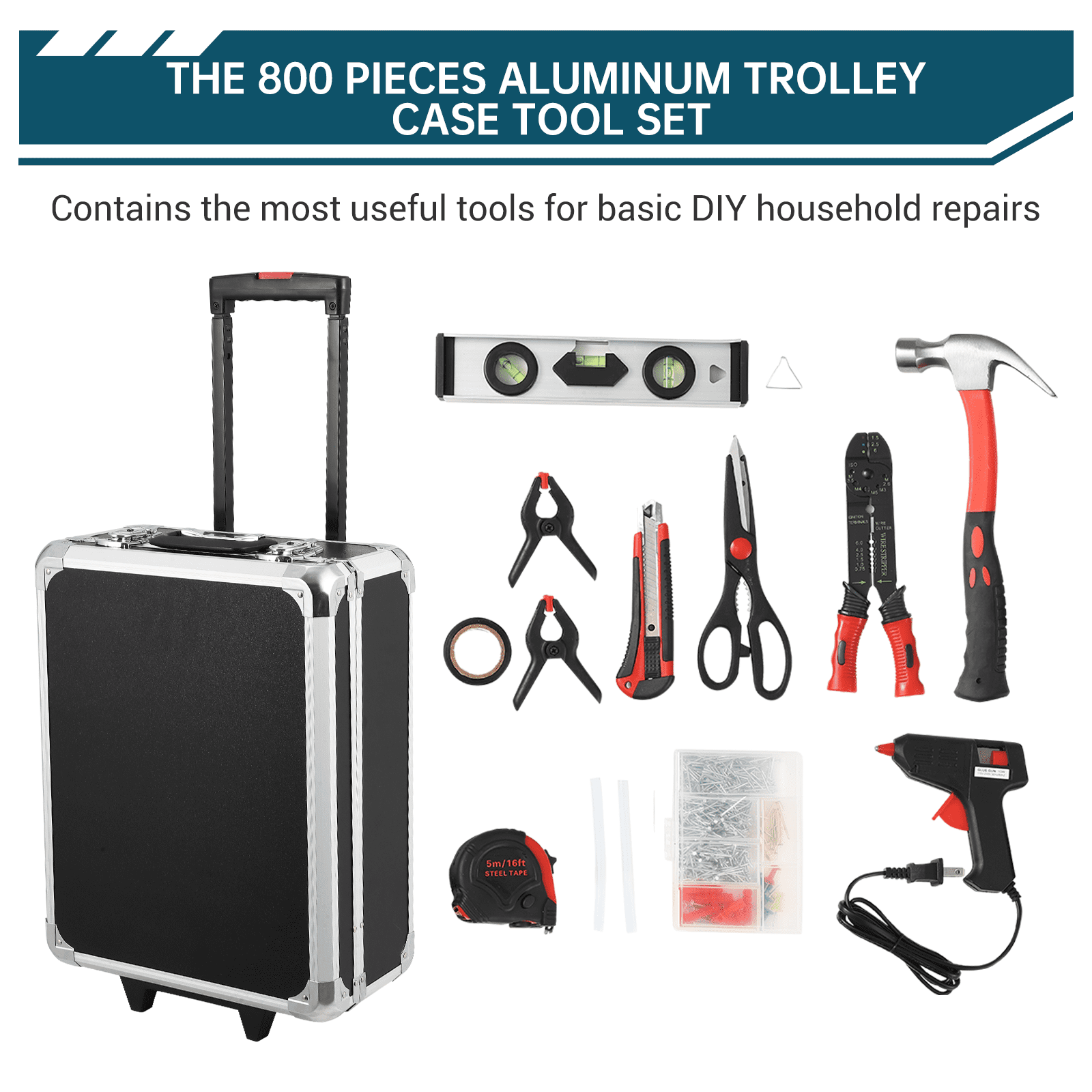 800-Piece Ultimate Mechanic Tool Kit with Aluminum Trolley Case Full Set of Sockets, Wrenches & Hand Tools 4-Tier Organized Storage Professional Repair Tool Box for Auto Maintenance, Garage & Garden