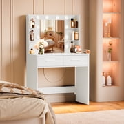 Furmax Makeup Vanity Desk with 3 Modes Adjustable Lights and Mirror Vanity Table with Shelves and Drawers, White