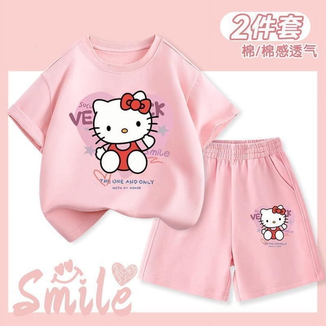 2Pcs Hello Kitty Children T-Shirt Set New Anime Sanrios Kawaii Cartoon Fashion White Short Sleeve Shorts Summer Beach Sportswear
