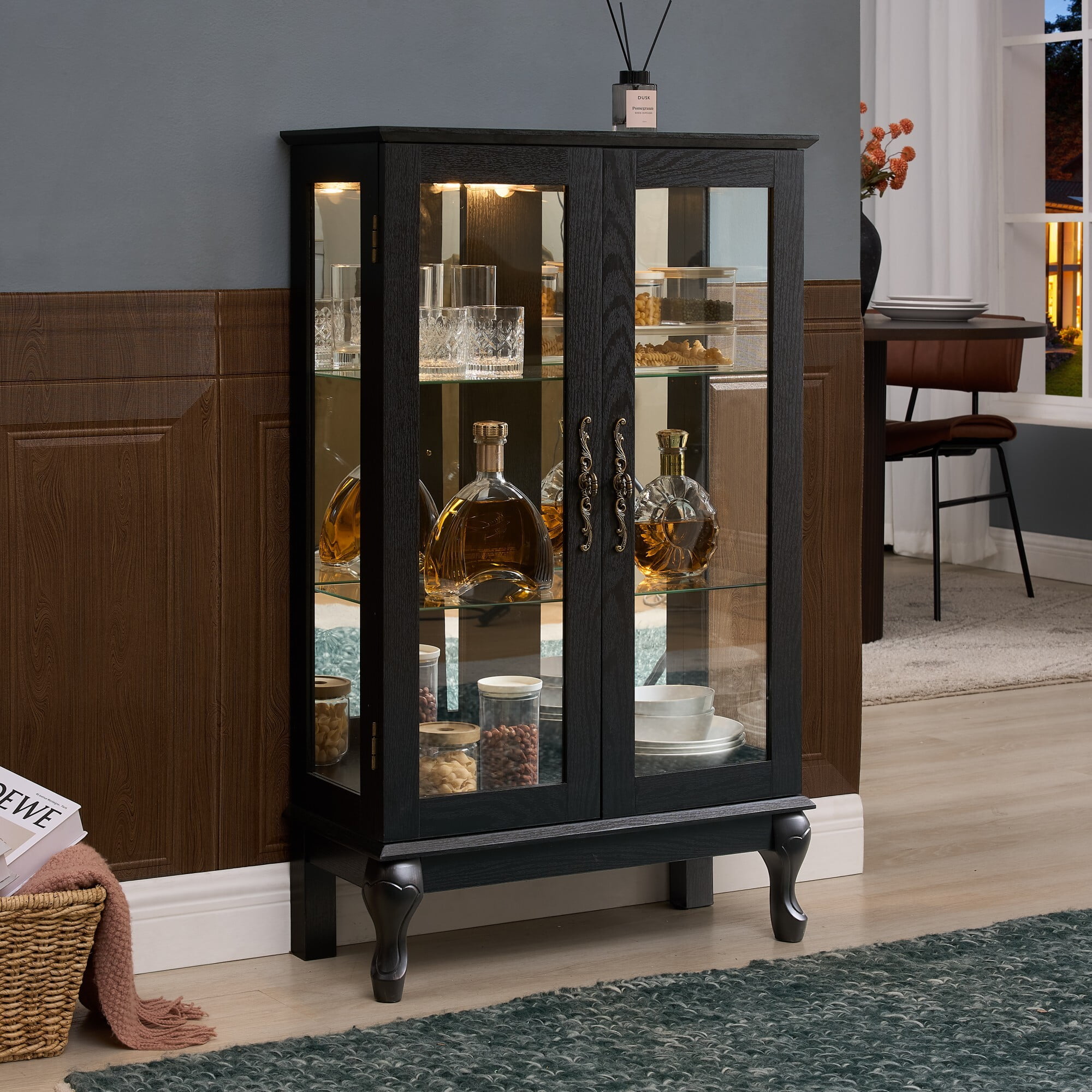 AENKYO Retro Glass Curio Cabinet with Light Bulb & Adjustable Shelves, Small Vintage Home Decor Display Case, Black